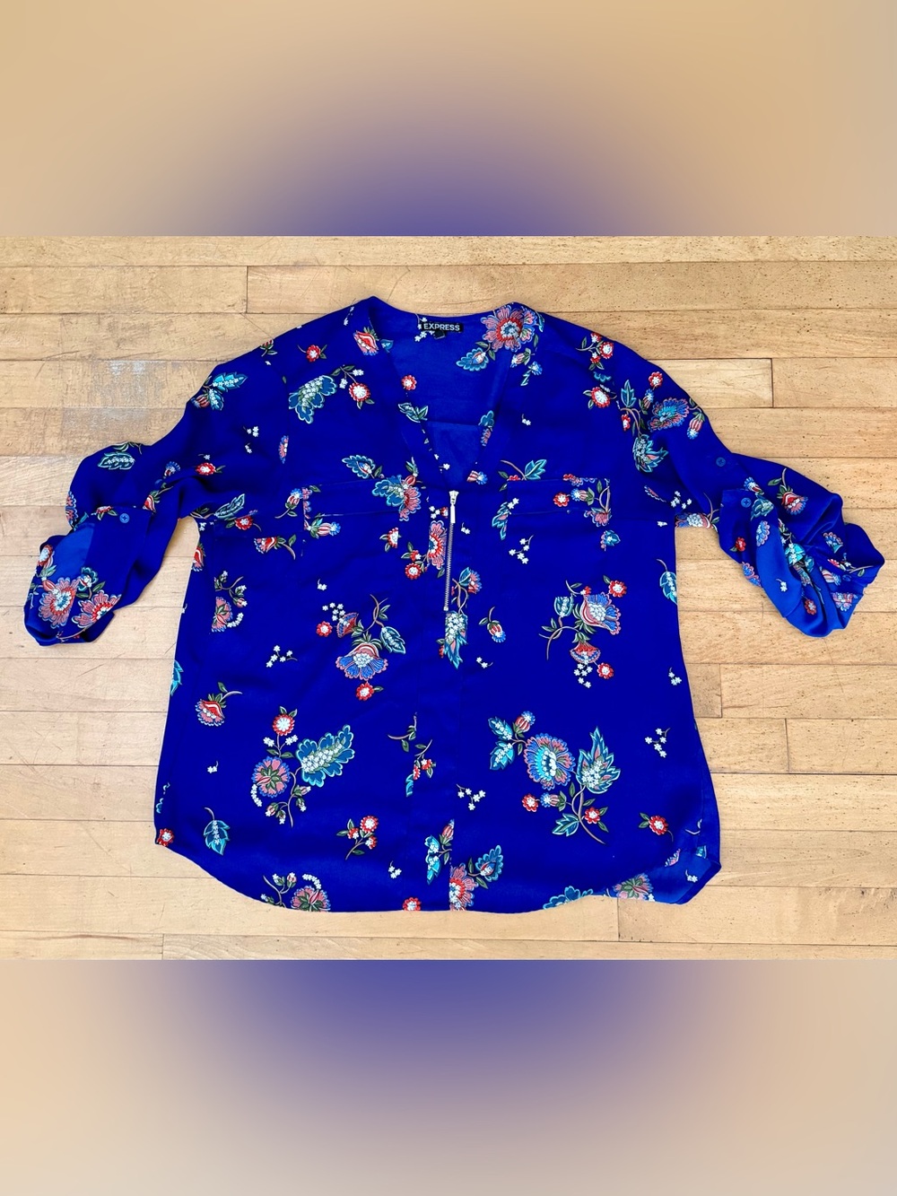 Express Women’s Royal Blue Floral Zip-Neck Blouse